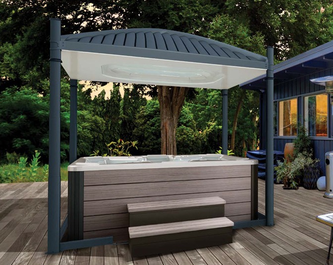 An outdoor lifestyle image of an open Covana Oasis automated gazebo cover fitted to a hot tub
